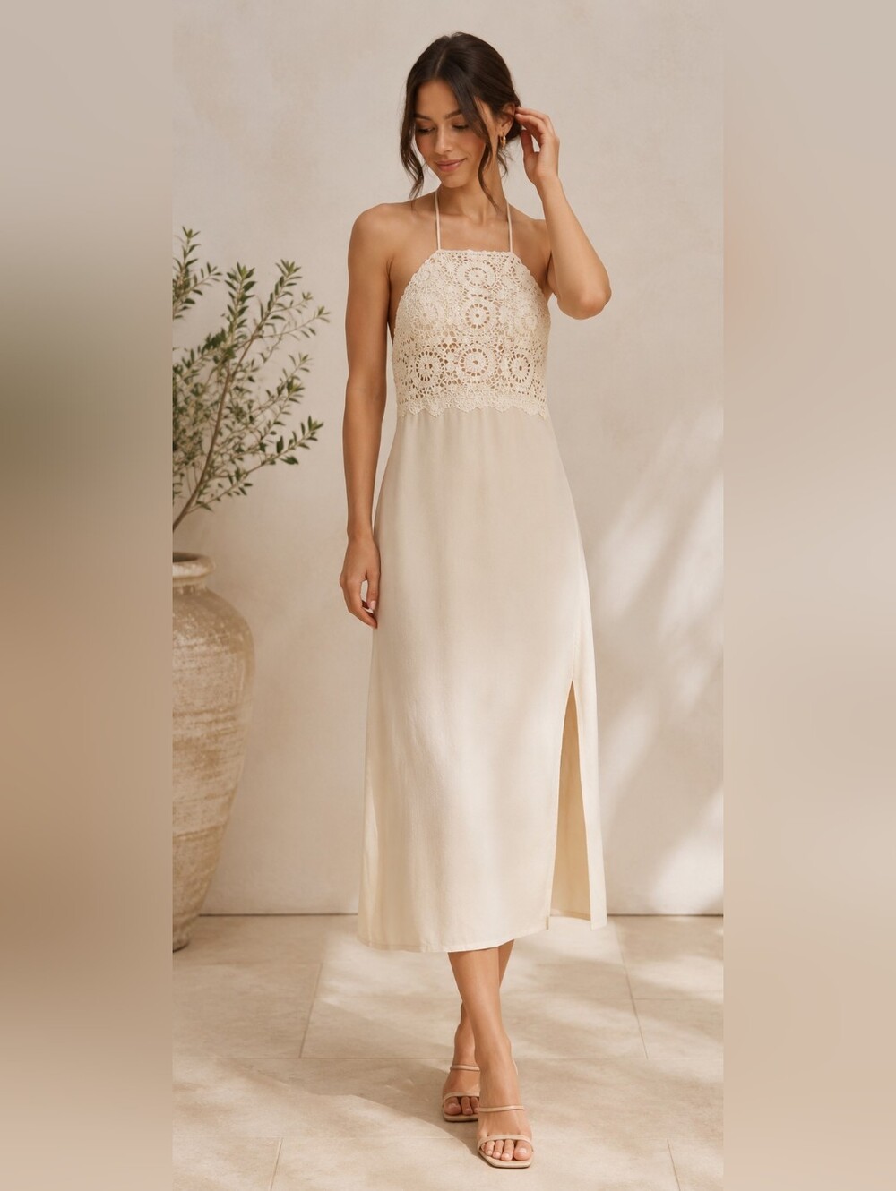 ZARA Cream Halter Midi Dress – Crochet Lace Top, Like New